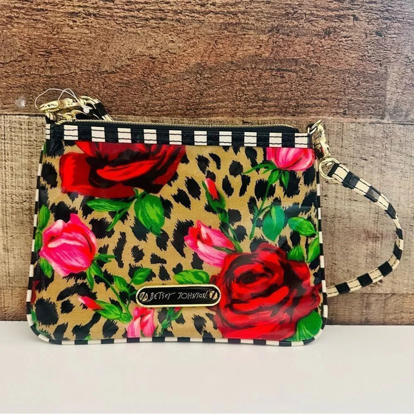Betsey Johnson Handbags - NWOT Betsey Johnson Rose/Leopard/Striped Wristlet